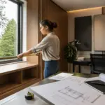 A woman measuring for built-in cabinets in a home office studio with acoustic treatment.