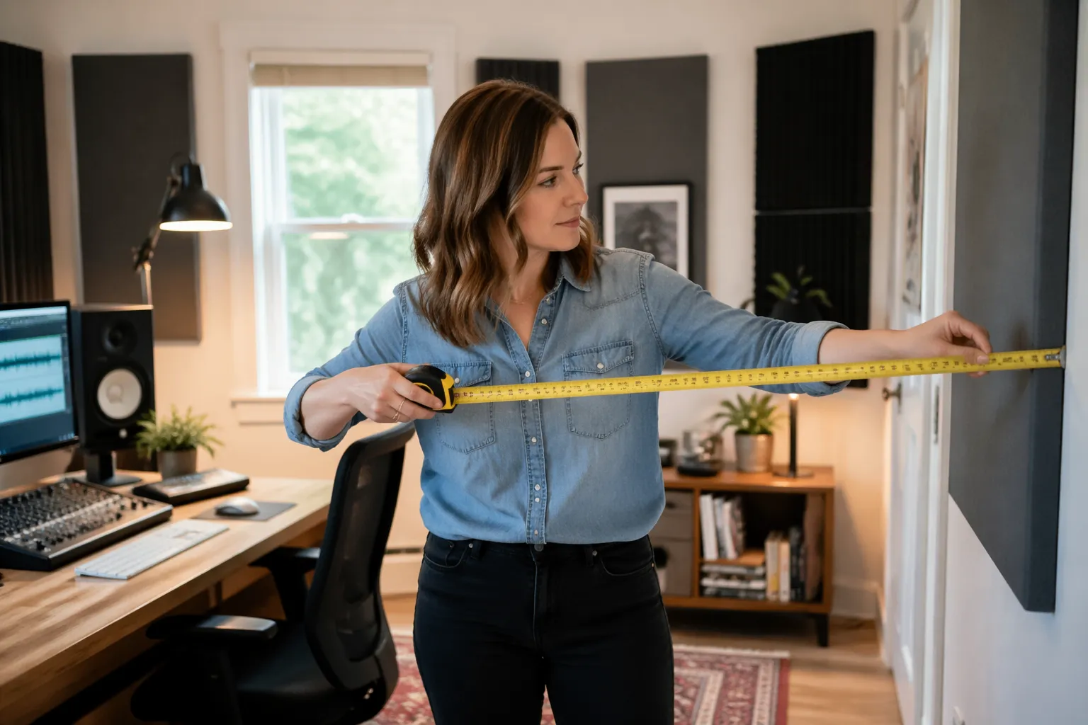 A woman measuring the dimensions of her home office studio with a tape measure, surrounded by acoustic panels and a well-organized workspace.