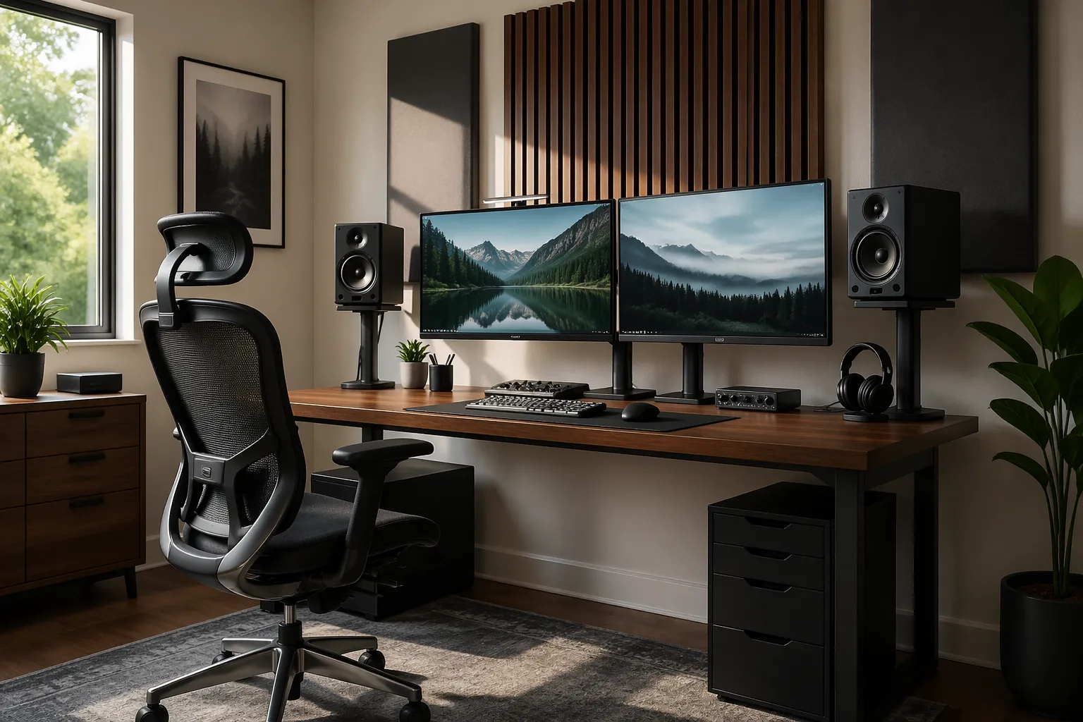 A home office with dual computer monitors and speakers on a desk, featuring acoustic treatment panels on the walls.