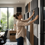 A woman adjusting acoustic panels in a modern home office studio with a glass door.