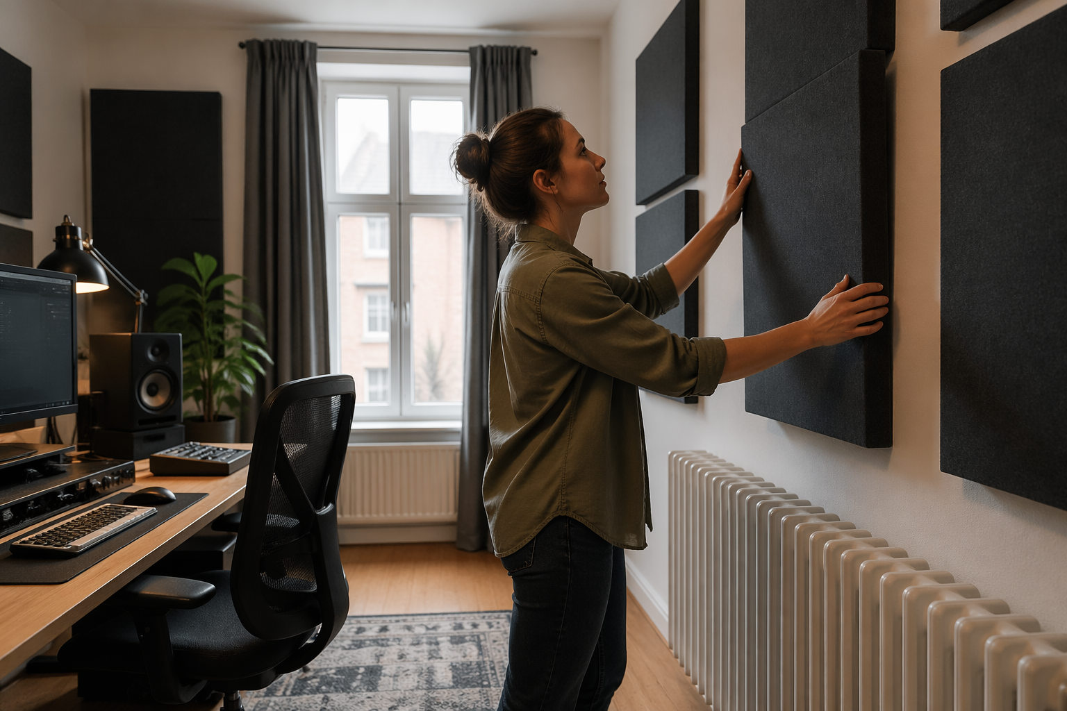 A woman arranging acoustic panels in a home office studio with a radiator on the wall