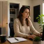 A woman working at a desk in a home office with a closet behind her, showcasing acoustic treatment panels on the walls.
