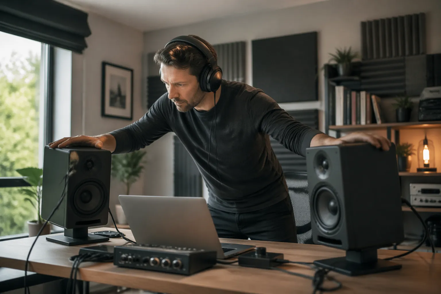 A male audio engineer adjusts speakers in an asymmetrical home office to enhance stereo sound.