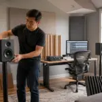 An audio engineer adjusts speakers in a modern home office with an asymmetrical layout, focusing on sound quality.