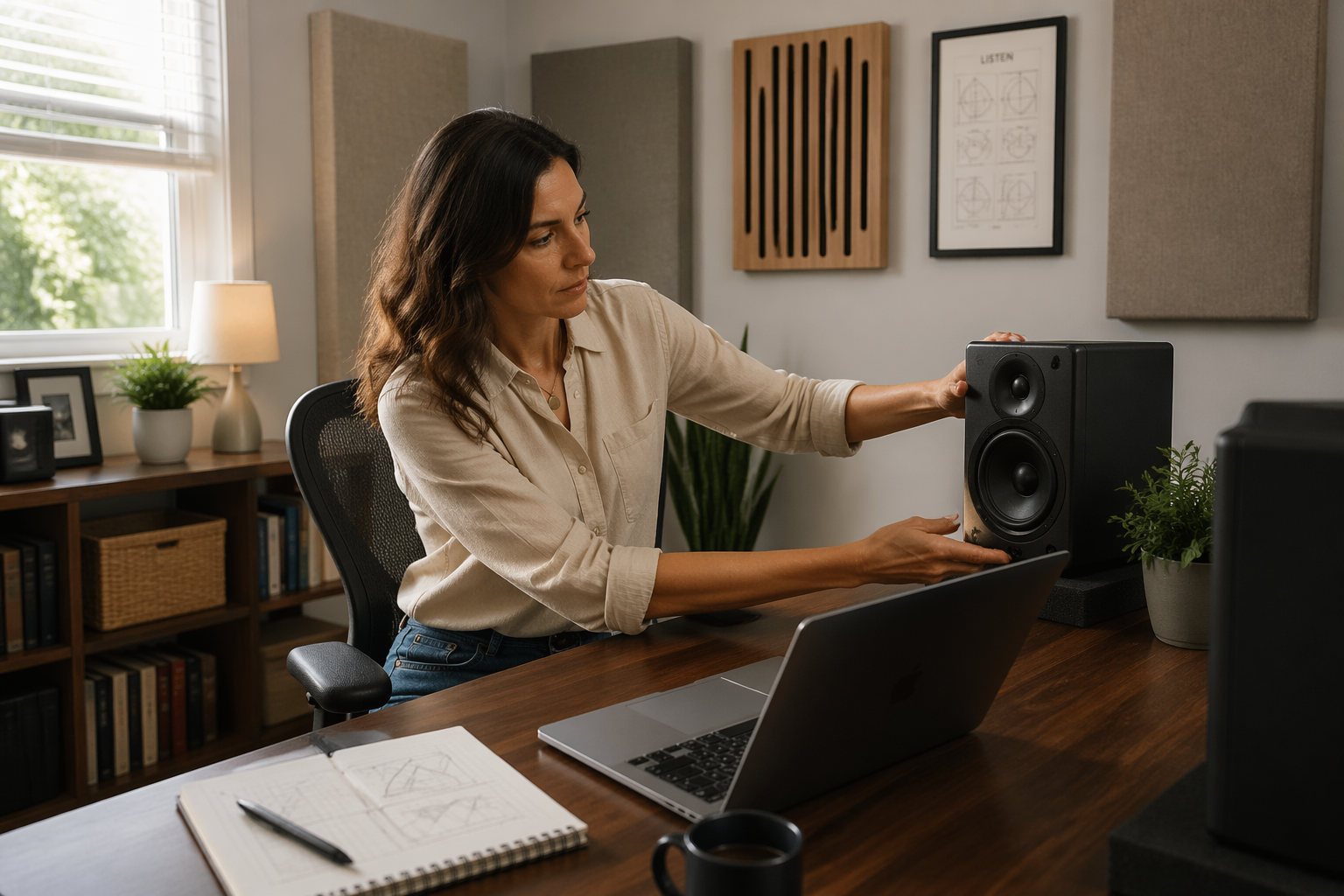 A woman adjusting a speaker in a small home office with acoustic panels and a laptop.