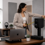 A professional woman measuring speaker placement in a small home office