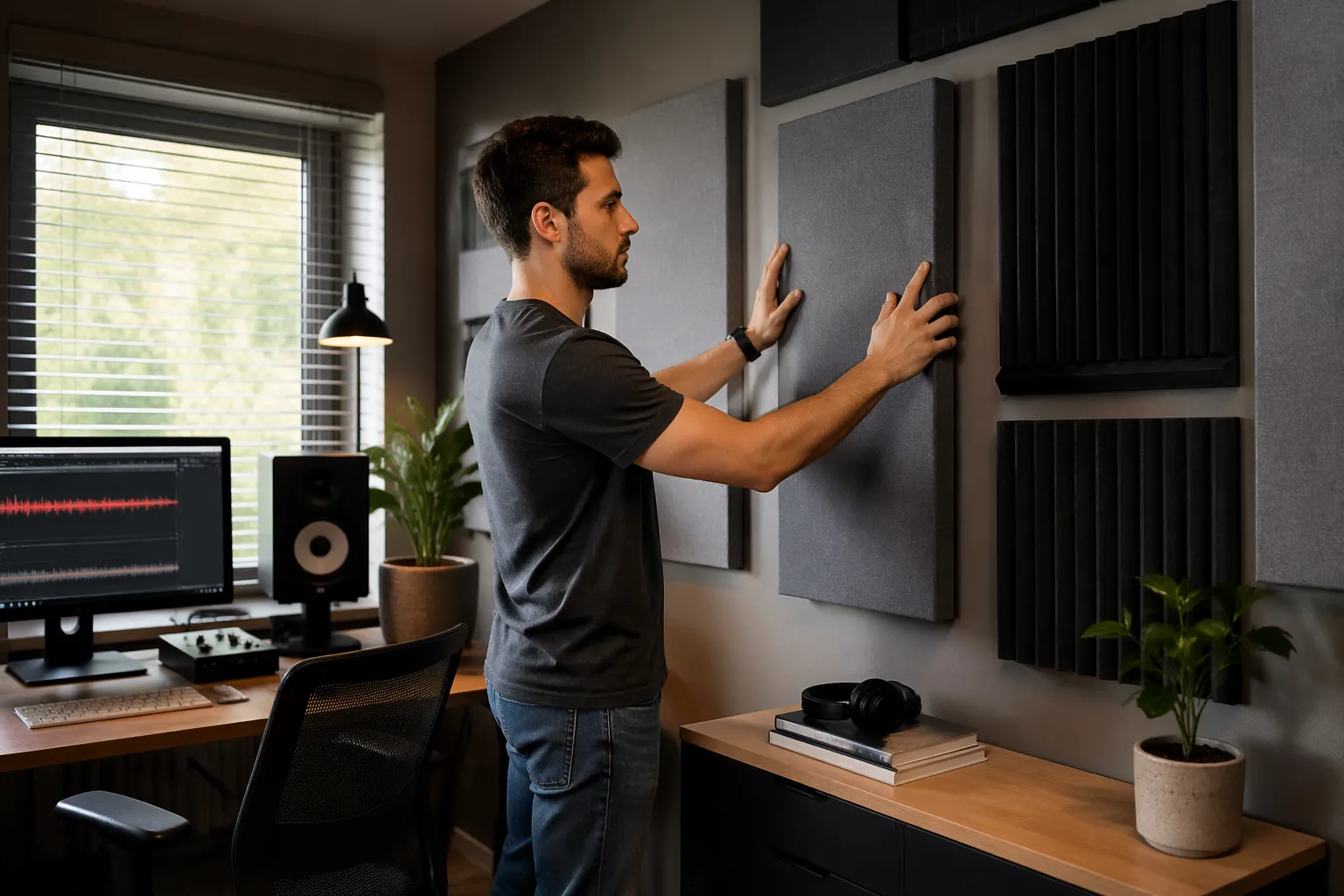 A man adjusting acoustic panels in a home office studio to reduce sound issues