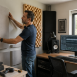 A man adjusting acoustic panels in a home office studio to reduce sound issues.
