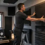 A man adjusting acoustic panels in a square home studio to improve sound quality.