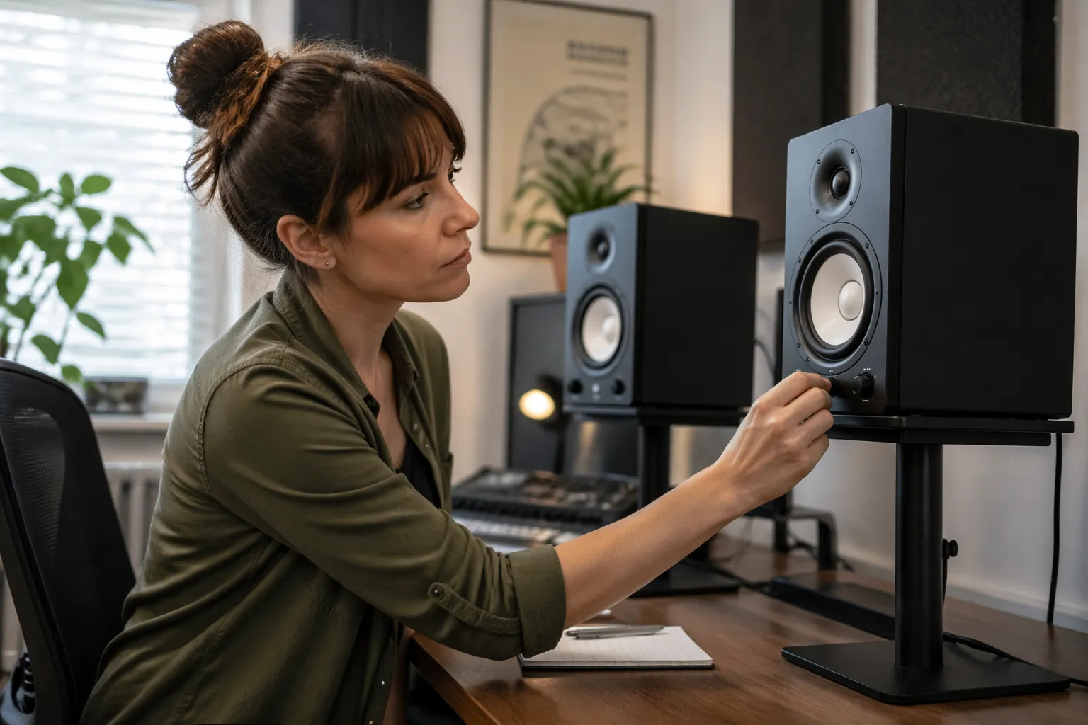 A woman adjusting studio monitors in her home office for better bass accuracy