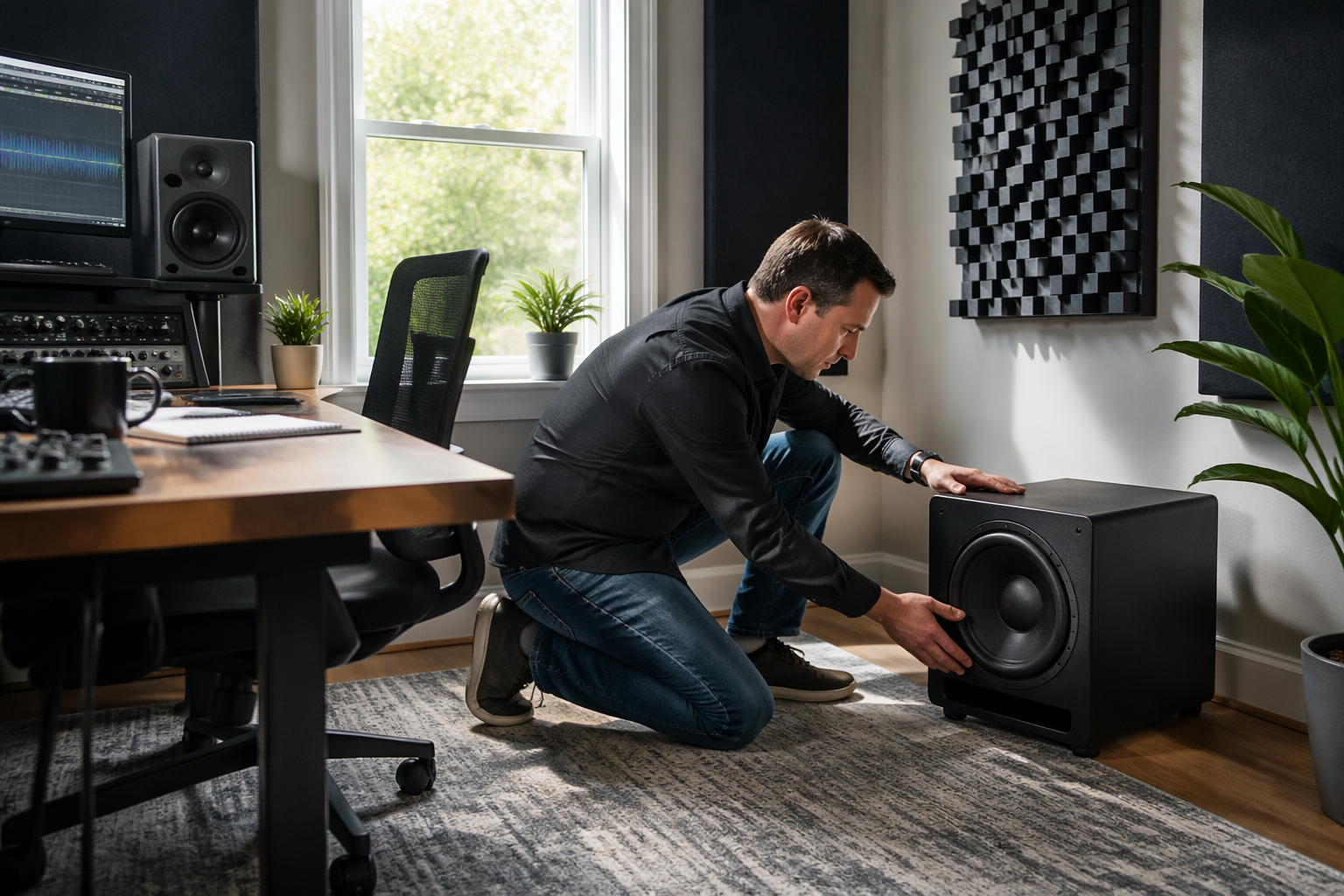 A man positioning a subwoofer in a small office studio with acoustic panels and audio equipment.