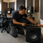 A man positioning a subwoofer in a small office studio with soundproofing panels and audio equipment.