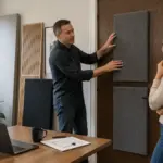 A man and woman in a home office discussing the installation of acoustic panels on a door.
